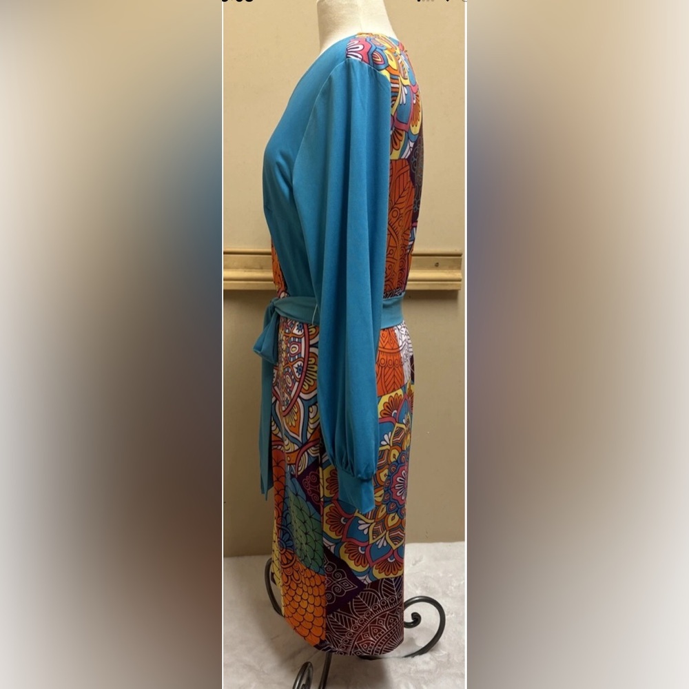 ASHRO Faux Wrap 2 Tone Boho Hippie Mod Print Midi Dress SZ L - Picture 5 of 10